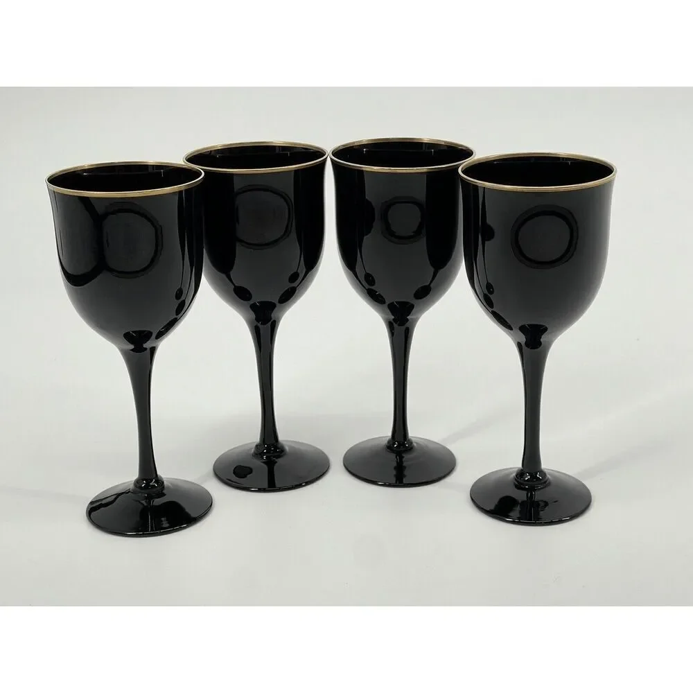 4 Vintage Noritake REMEMBRANCE EBONY Wine Glasses Goblets 7” Black W/ Gold Rim